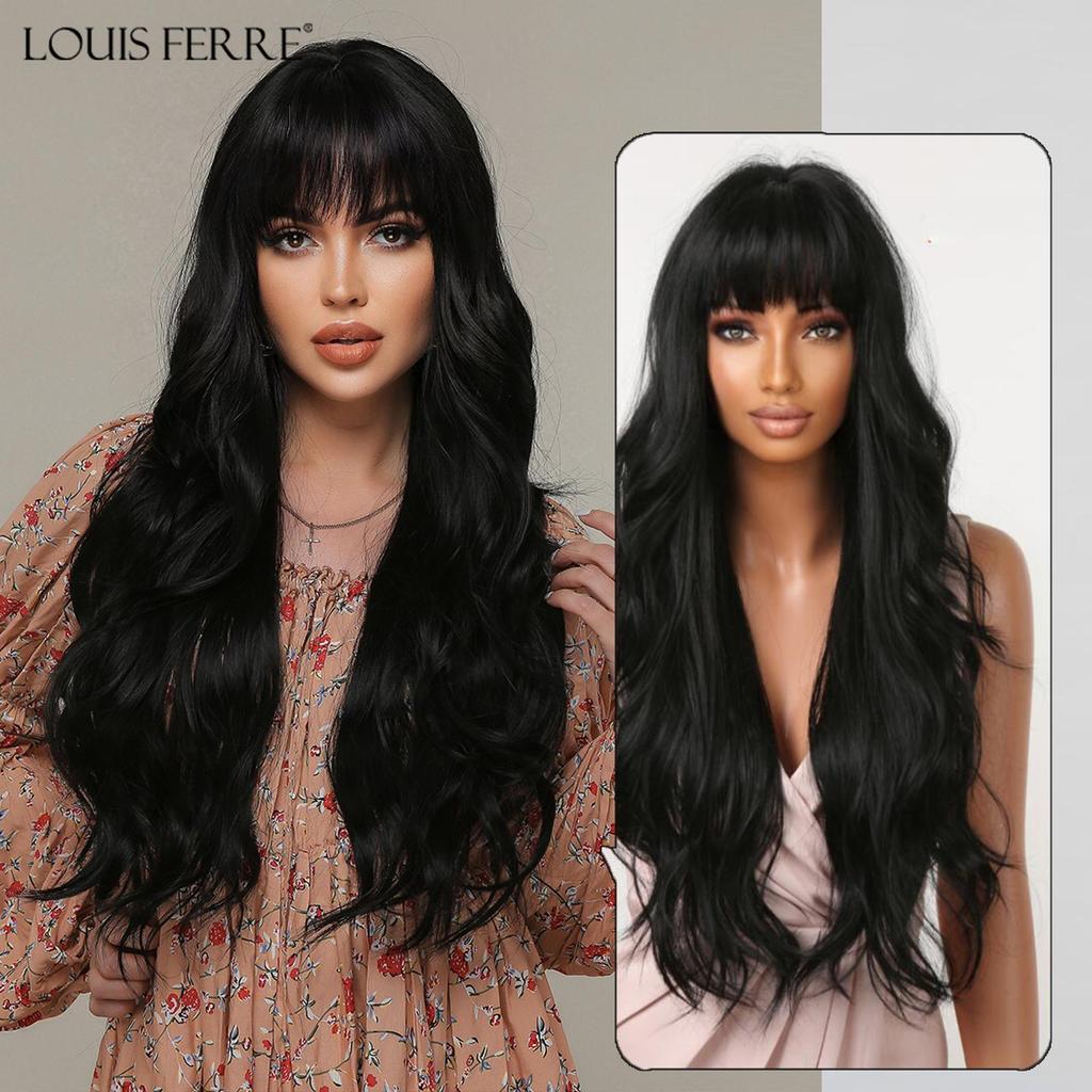 LOUIS FERRE Длинные волнистые черные синтетические парики для женщин, натуральные накладные волосы с челкой, термостойкие парики для повседневного использования, косплей