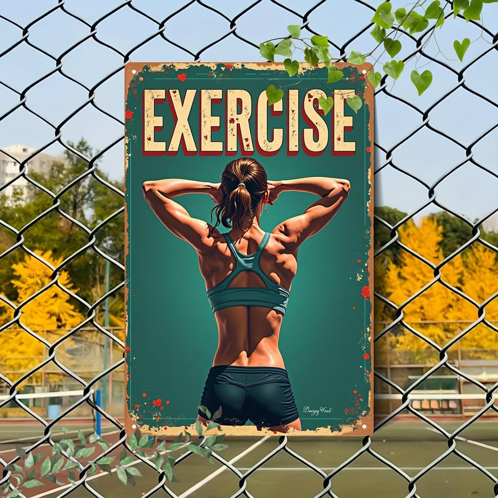 Vintage Exercise Motivational Metal Wall Art Rustic Iron Tin Sign with Woman Silhouette Teal Background Red Lettering f