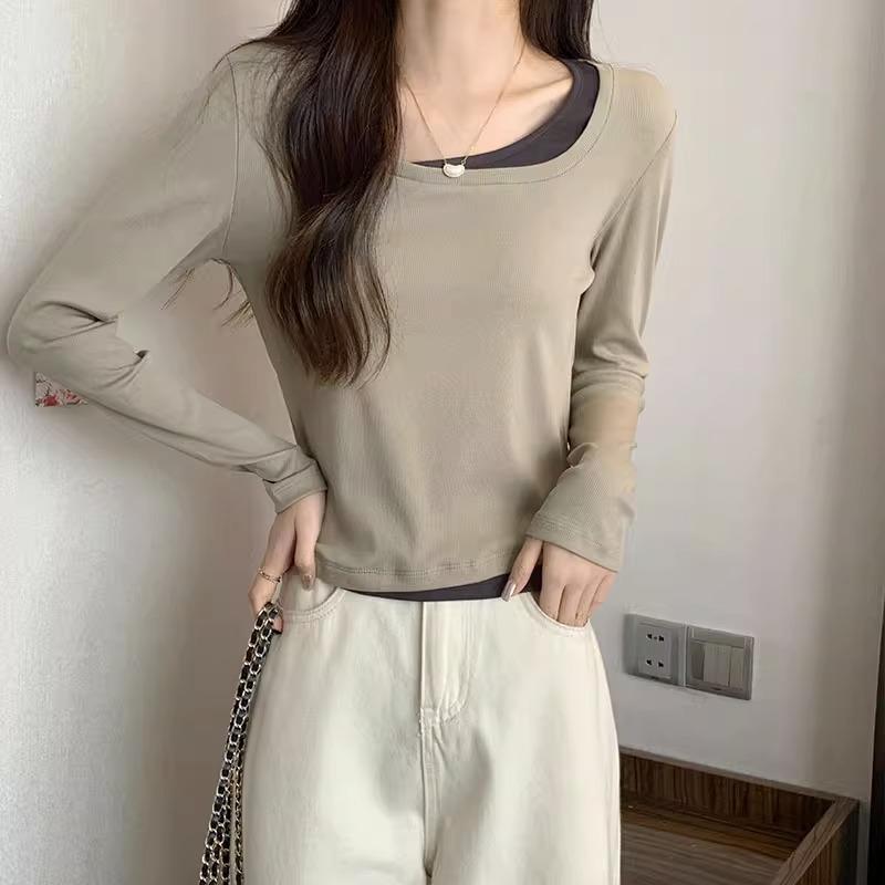 Квадратный воротник, правое плечо, футболка с длинными рукавами, женская рубашка-низ, осенний дизайн, имитация двух частей, контрастный цвет, укороченный крой, утягивающий