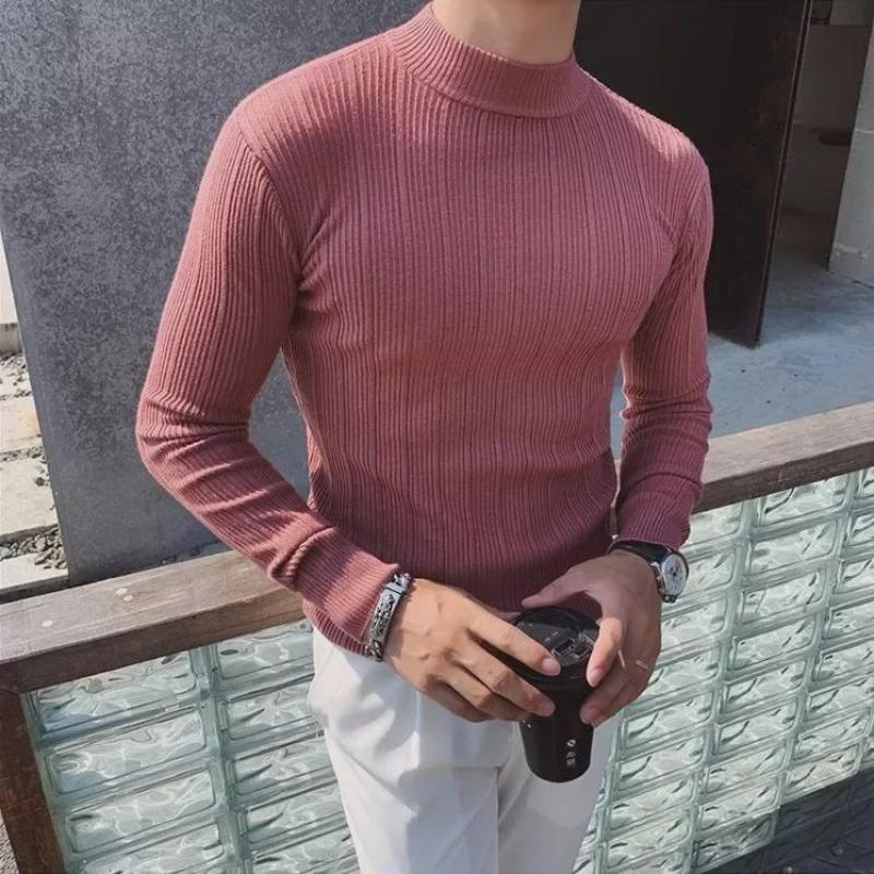 Мужской облегающий трикотажный свитер с длинным рукавом и полуводолазкой