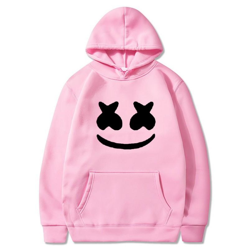 Mens Marshmello Smiley Face Hooded Sweatshirt Loose Fit Cotton Blend Winter Pullover