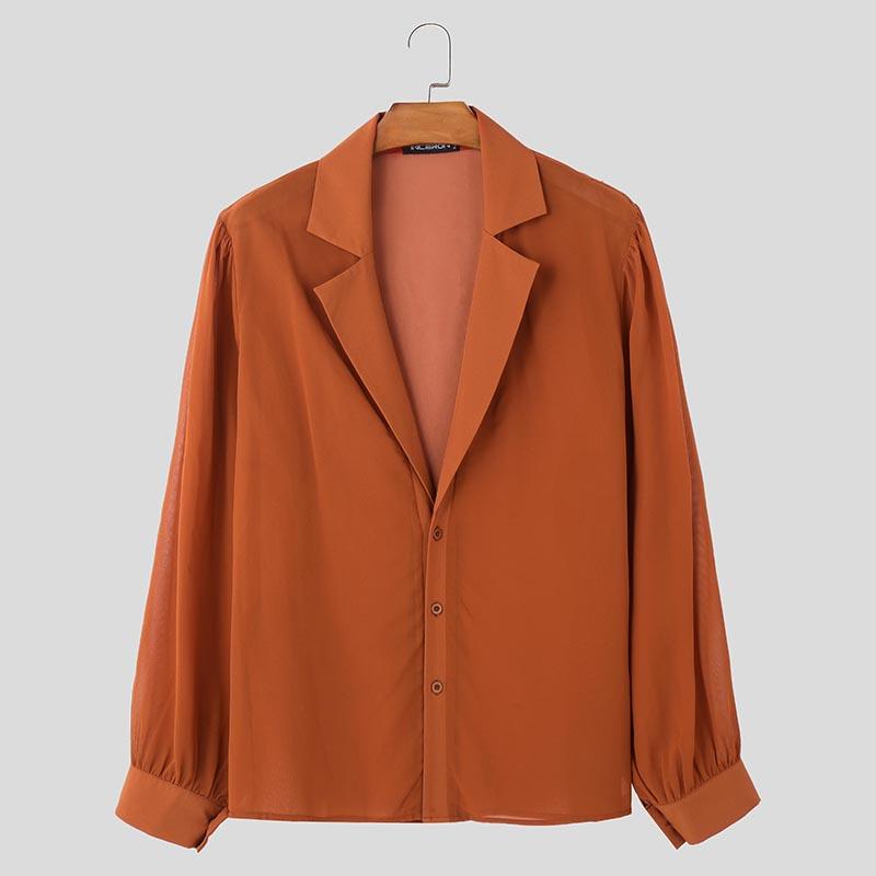 INCERUN Мужские рубашки с длинным рукавом и лацканами на пуговицах из сетки