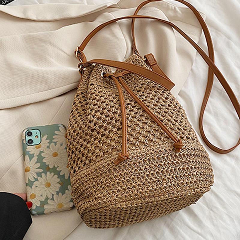 Летняя плетеная соломенная сумка-ведро для женщин Простая пляжная сумка через плечо на шнурке