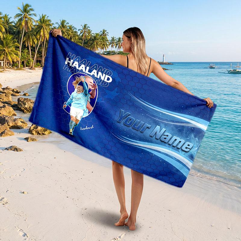 Erling Haaland Custom Beach Towel, Personalized Name Text Print, Football Logo Soft Quick‑Dry Towel Holiday Gift