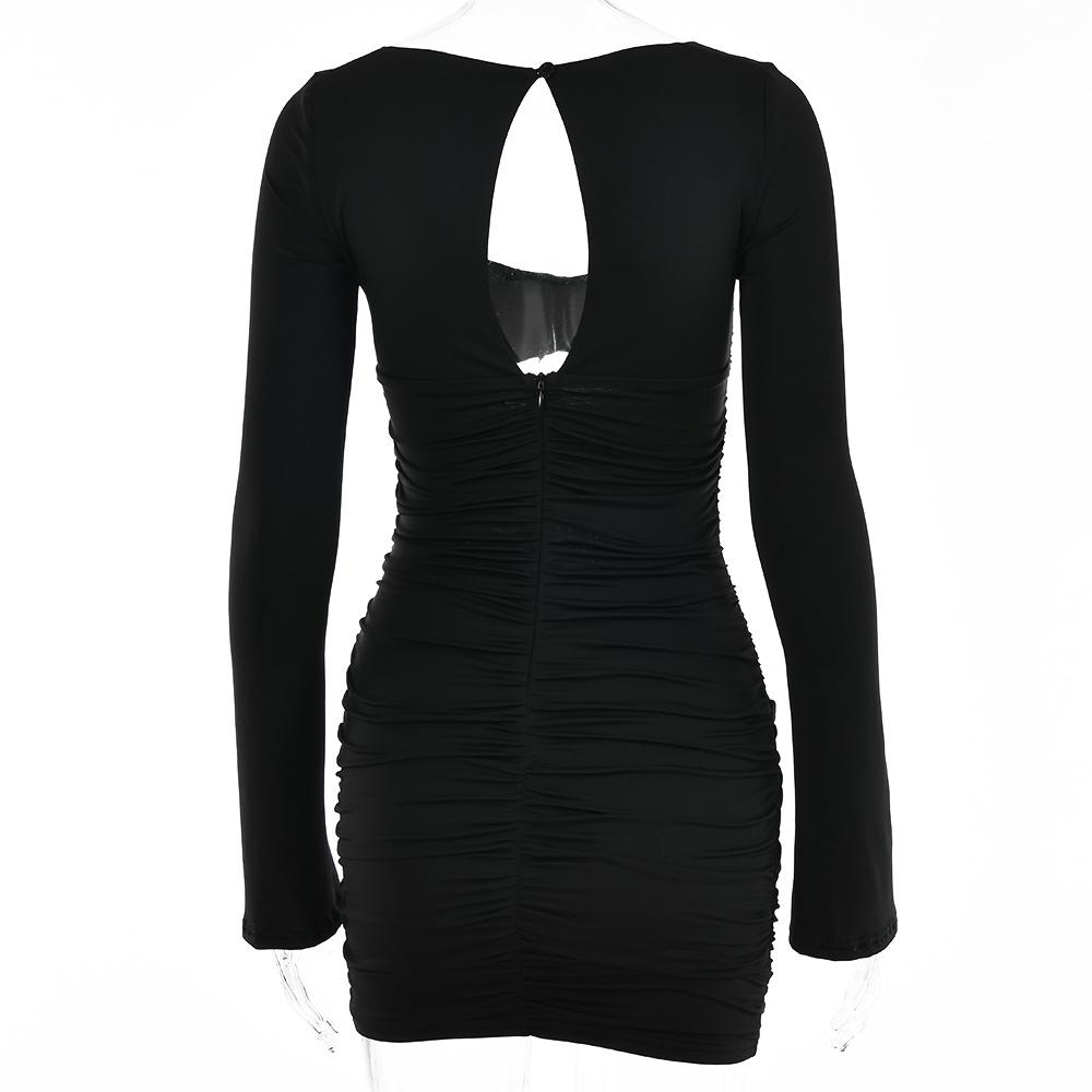 Женское осеннее элегантное вечернее платье для ночного клуба с длинным рукавом и вырезом, сексуальное мини-платье с рюшами