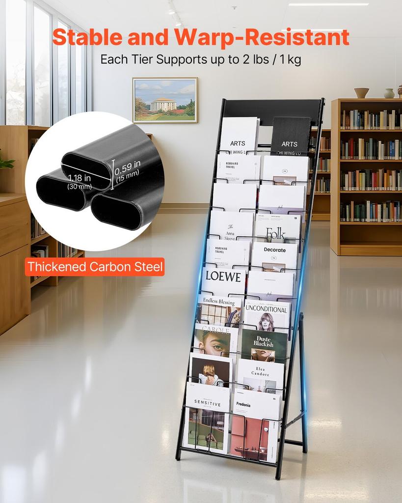 Brochure Display Rack, 20 Pockets Magazine Literature Display Stand, Portable Floor Standing Magazine Rack, Metal Newspaper Catalog Holders for Shop,