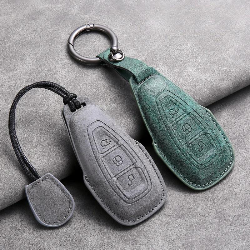 Leather Car Remote Key Case Cover for Ford Focus 3 4 ST Mondeo MK3 MK4 Fiesta Fusion Kuga Ecosport Protect Key Fob Keychain