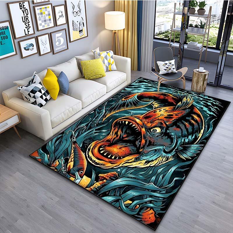 Scary Fishing Printed Carpet for Living Room Bedroom Bedside Bathroom Floor Mat Area Rugged Sofa Mat Home Decor Machine Wash