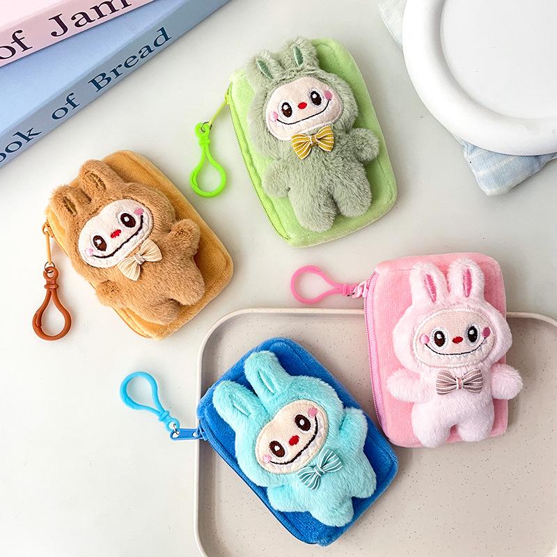 Cartoon Labubu Plush Coin Purse Cute Anime Money Change Pouch Earphone Storage Bag Zipper Wallet Keychain Pendant Kid Gifts