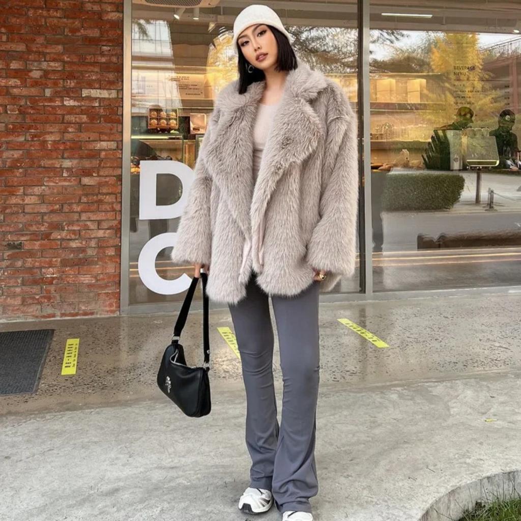 Fashionable Street Style Fox Fur Coat Loose Suit Collar Medium Long Imitation Fur Coat for Women Autumn-winter Fur Overcoat