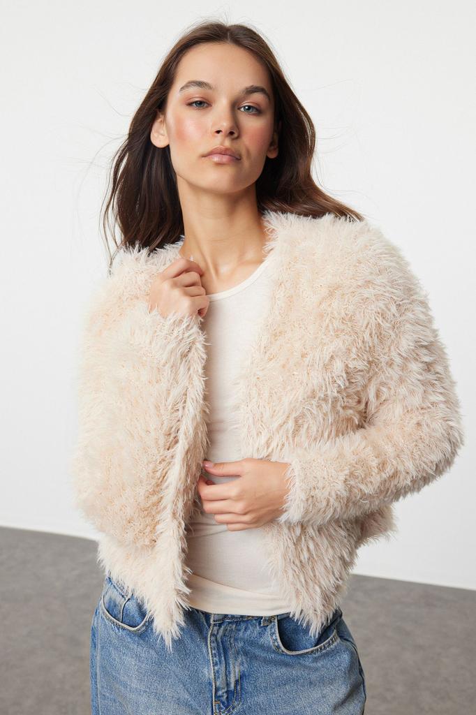 Women's Fashionable Stylish Cardigan Stone Soft Textured Furry Coat Look Knitwear Cardigan