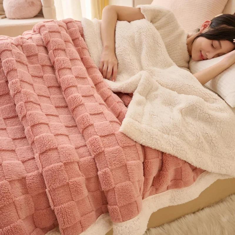 Fluffy Fleece Plaid Blanket Winter Thicken Blankets Duvet Cover Double Sided Sofa Bed Cover Soft Warm Throw Bedspread Bedroom