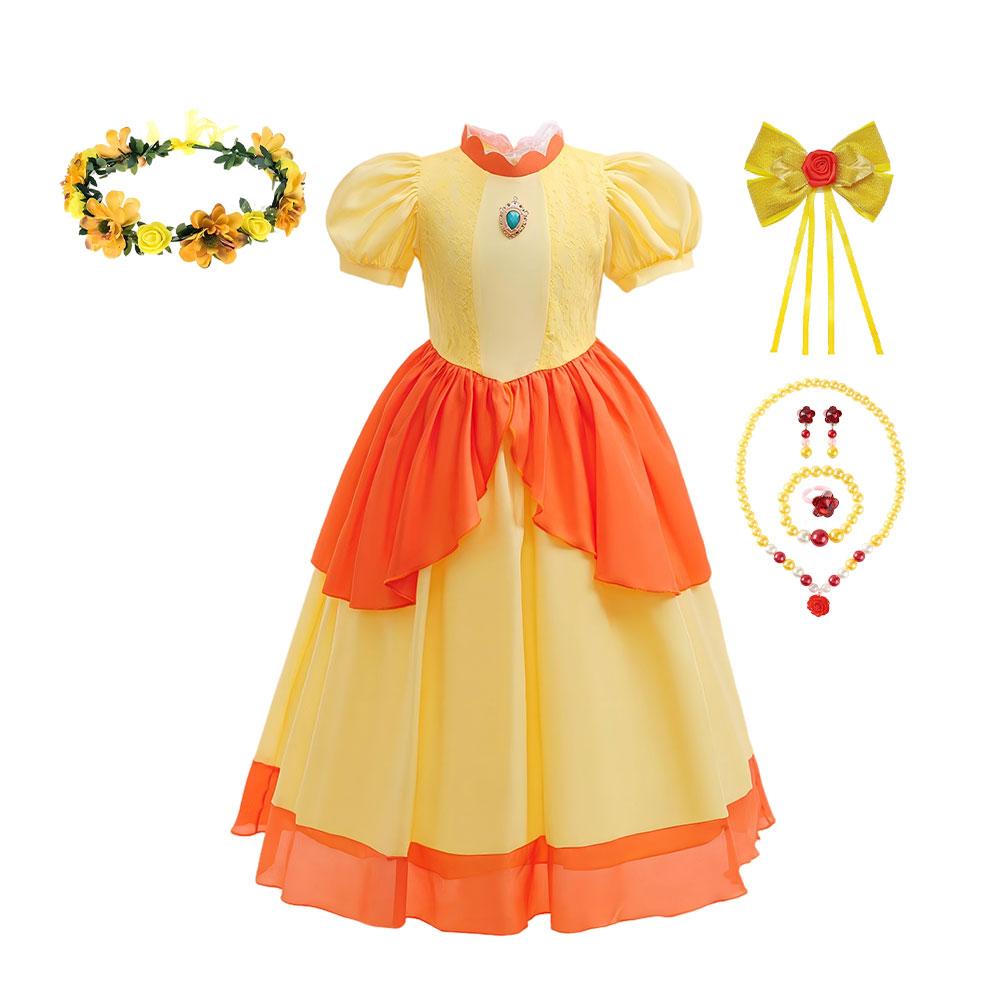 Girl Yellow Lace Princess Dress Daisy Role Play Peach Costume Plumber Partner Adventure Galaxy Movie Cosplay Apparel Ball Gown