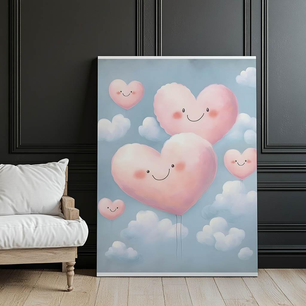 Różowe Serduszka Na Chmurach Różowe Serduszka Na Chmurach, 50X70 Cm, Rama Drewniana Ciemny Brąz, Papier Matowy 230 Gsm
