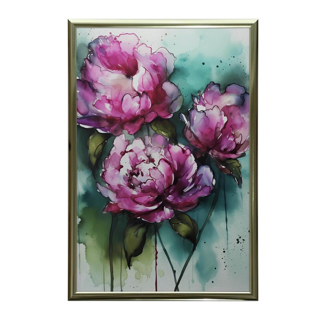 Розовые Пионы На Зеленом Фоне Розовые Пионы На Зеленом Фоне, 30x40 См, Черная Алюминиевая Рама, Матовая Бумага 230 г/м²