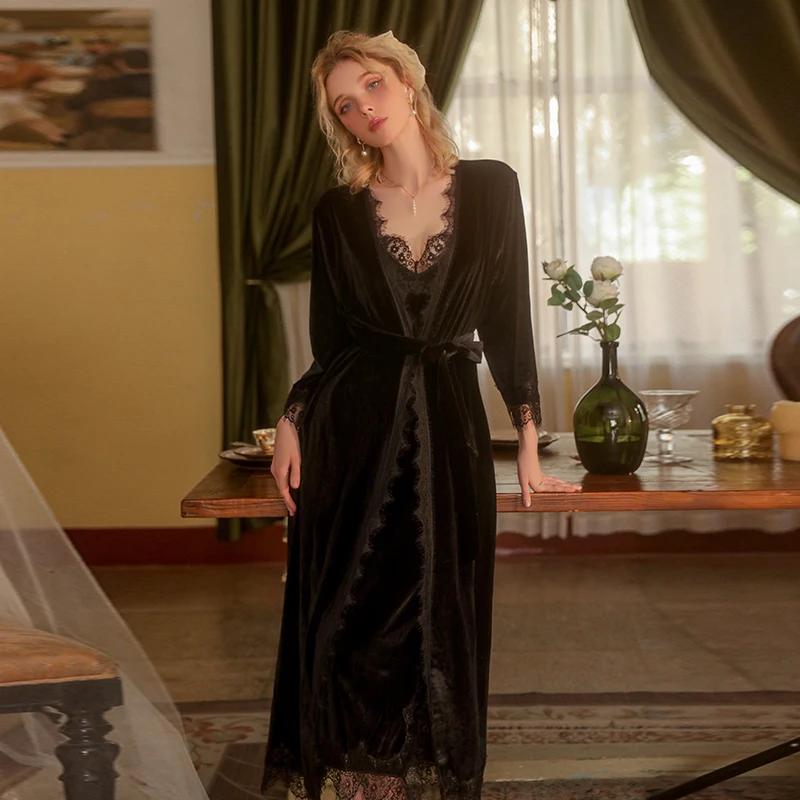 Сексуальная пижама для женщин на осень Кружево Сладкая Однотонная Ночная рубашка Длинная Мягкая и удобная Бархатная пижама Комплект для женщин