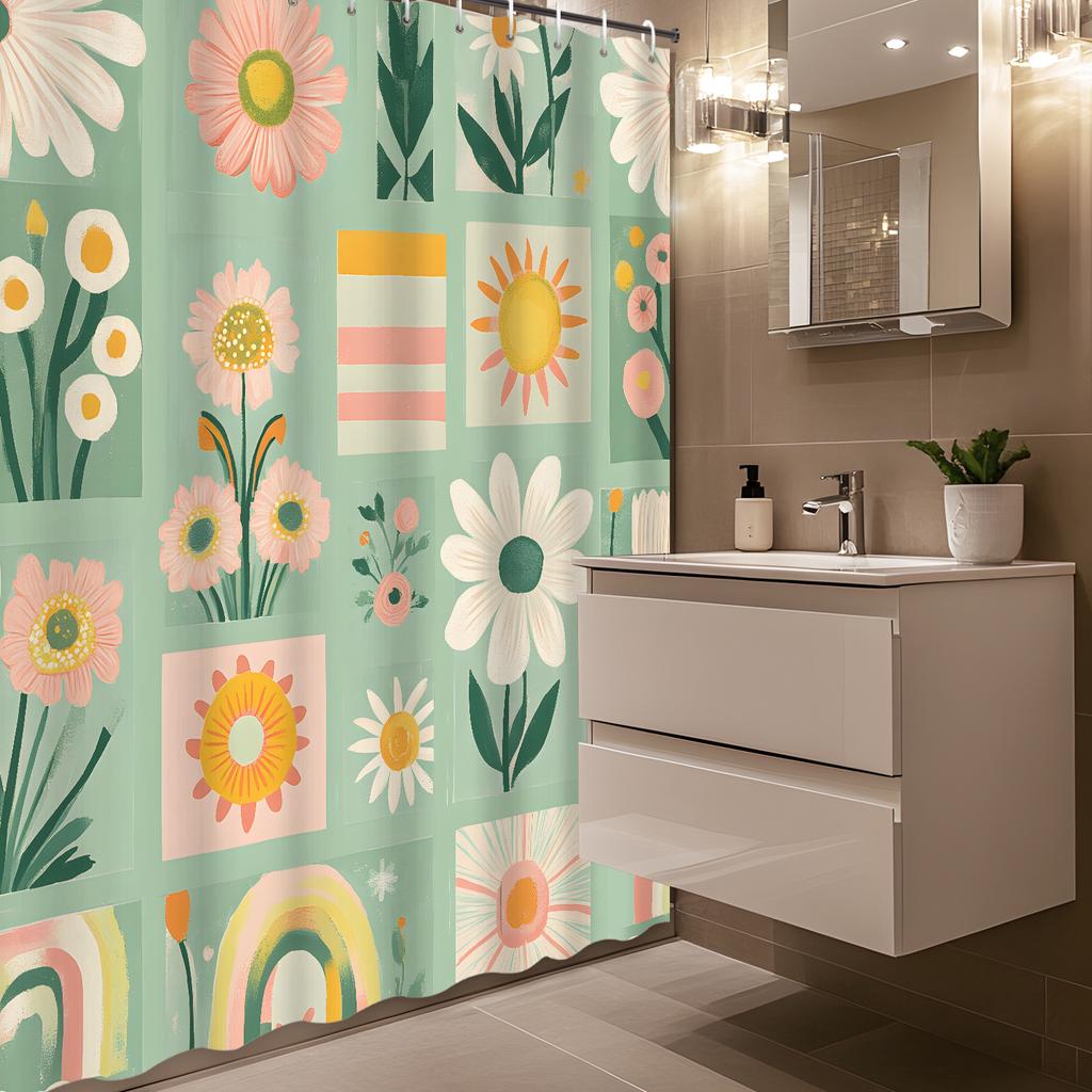 Spring Green Pink Floral Daisy Shower Curtain, 12 Hooks Included, Fresh Plant Theme for Bathroom Partition & Decor