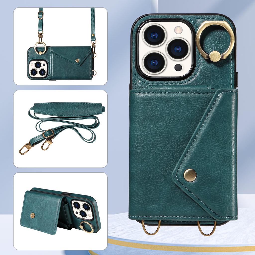 Для iPhone 15 серии. Для iPhone 15, 15 Plus, 15 Pro, 15 Pro Max плечевой ремень веревка кольцо кронштейн дизайн держатель для карт слоты личи узор чехол для телефона