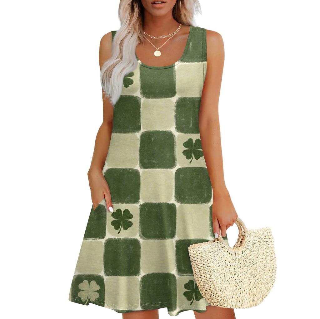 Women's Casual St. Patrick's Day Printed U-Neck Vest Dress With Side Pockets