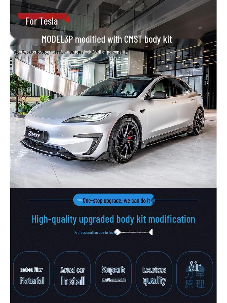 Обновите свой Tesla Model 3 P с помощью переднего сплиттера из углеродного волокна CMST со светодиодной подсветкой, заднего диффузора, воздухозаборников и боковых юбок.