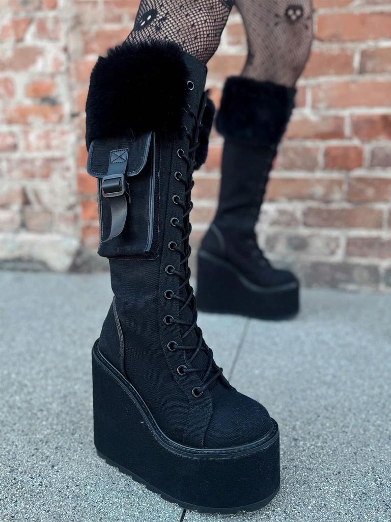 Панк Готика Женские Боевые Ботинки Массивный Клиновидный Каблук Мех До Середины Икры Платформа Роскошные Зимние Туфли Женщина Хэллоуин