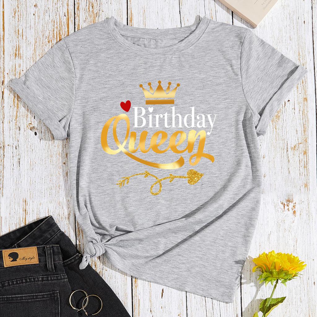 Queen Birthday Pattern Cotton T-Shirt Short Sleeve Round Neck Women 2d Print Tops
