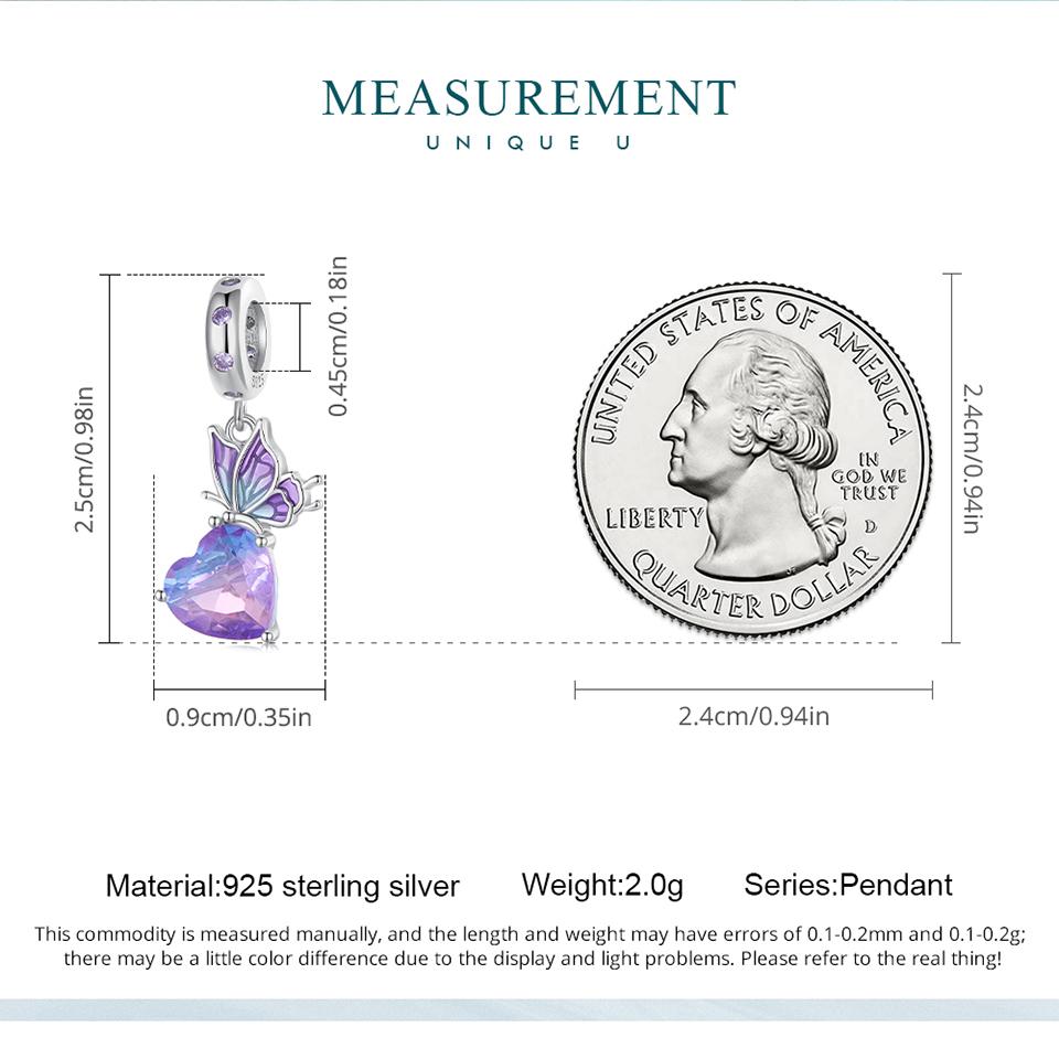 BAMOER стерлингового серебра 925 пробы градиент фиолетовый бабочка подвеска из бисера сердце подвески для женщин браслет и ожерелье DIY
