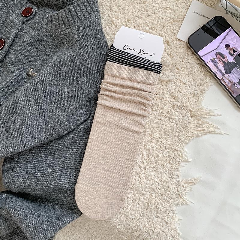 Женские носки в японском стиле в рубчик с полосками, средней длины, серая пэчворк, имитация двух пар, для весны/осени, универсальные, девичья мода