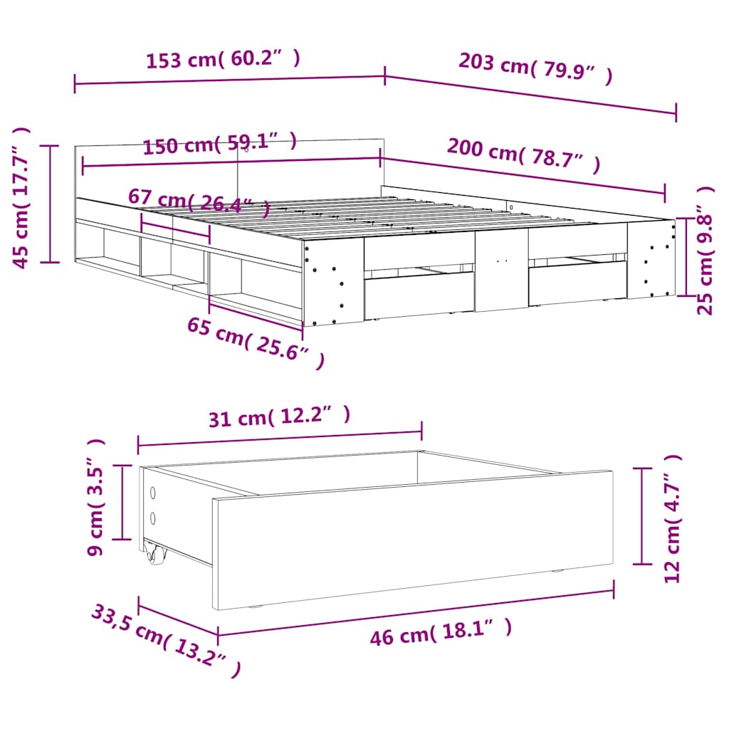 Bed Frame with Drawers Grey Sonoma 150x200 cm Particleboard