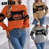 's Autumn and Winter Halloween-themed Pumpkin Head Color-blocking Long-sleeved Pullover Sweater Women's Wear