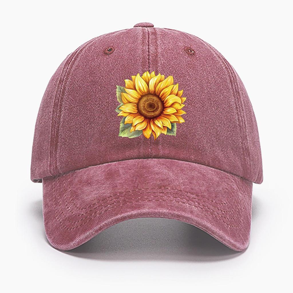Sunflower Print Cotton Baseball Cap, Floral Pattern Distressed Sport Hat With Adjustable Closure, Sun Protection Peaked Cap