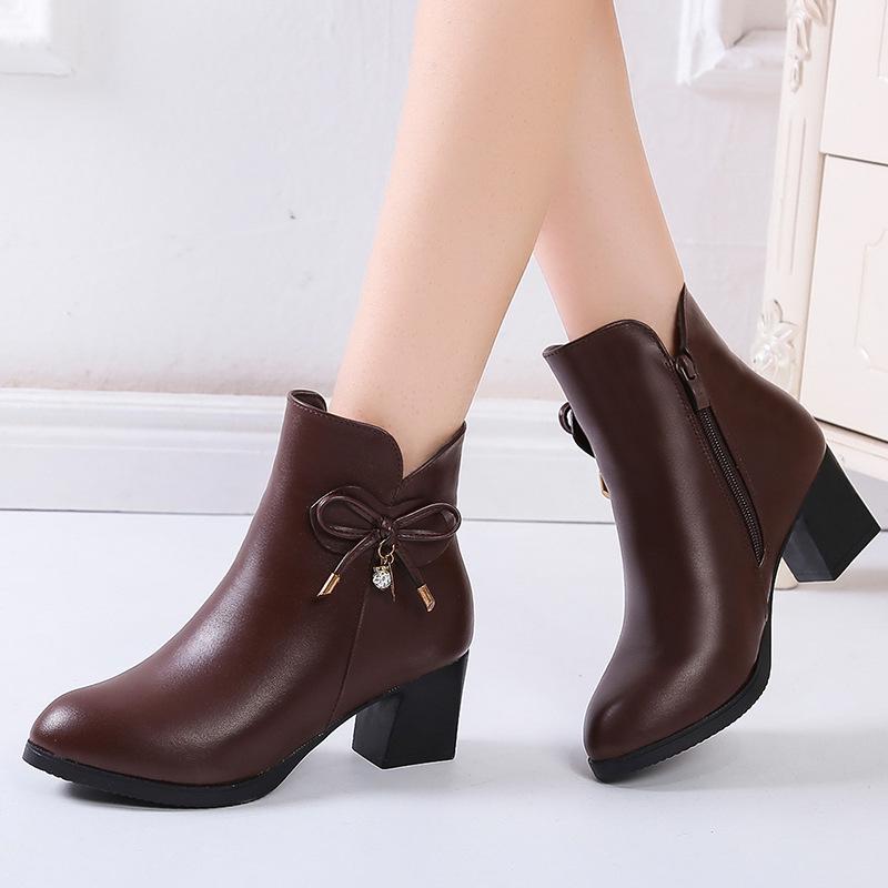 Модные женские сапоги, черные кожаные ботильоны для женщин, сапоги на высоком каблуке с бантом, осенняя женская обувь Botas Mujer asd34