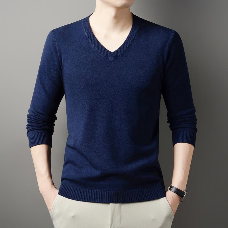 Solid Color V Neck Long Sleeve Pullover Knit Sweater For Men