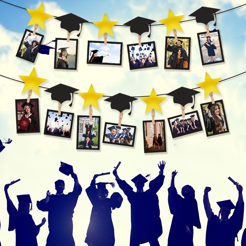 Black Gold Graduation Photo Banner Celebrate Picture Banner Graduation Hanging Decor Classmates