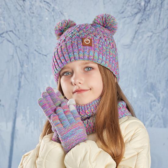 Kids Winter Hat Gloves Scarf Set Cold Weather Knitted Bear Hat with Pom Fleece Lined Neck Warmer Mitten Set for Girls Boys Ages 4-10