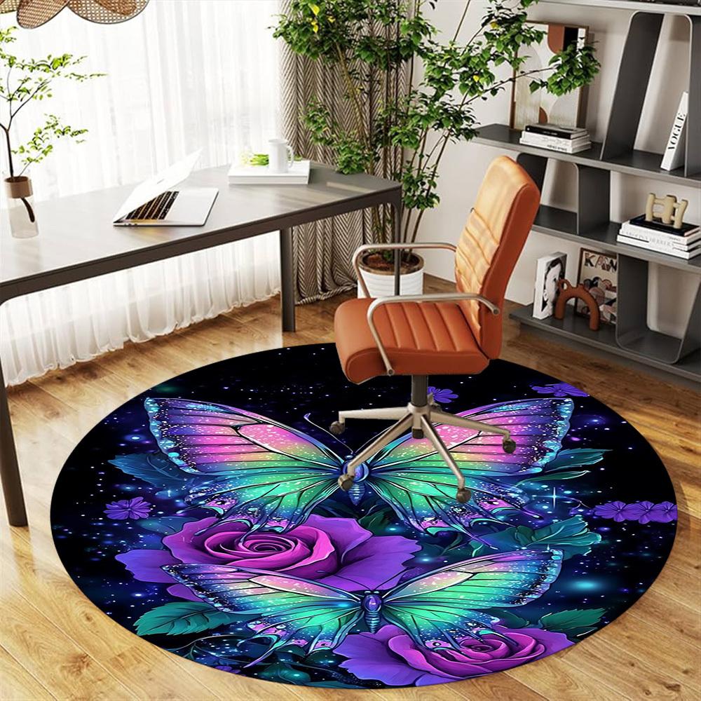 1pc Butterfly Roses Round Chair mat office Area Rug - Non-Slip, Floor Mat for Office, Bedroom, and Indoor Decor p127126