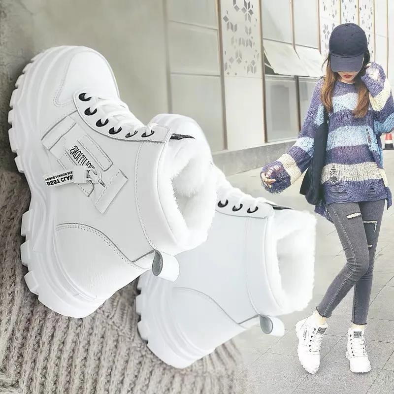 Женская зимняя обувь с высоким берцем, зимняя теплая женская обувь, студенческая спортивная обувь для отдыха, бархатная хлопковая обувь