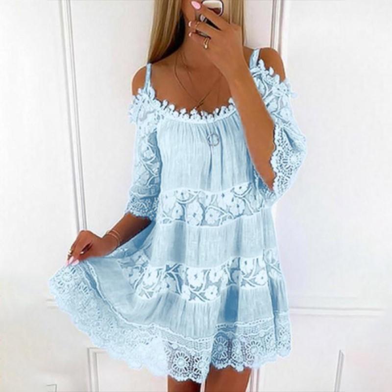 Embroidery Crochet Lace Cold Shoulder Mini Dress Women Scoop Neck Half Sleeves Mid-Rise Loose Fit Summer Dress Lady Beach Dress