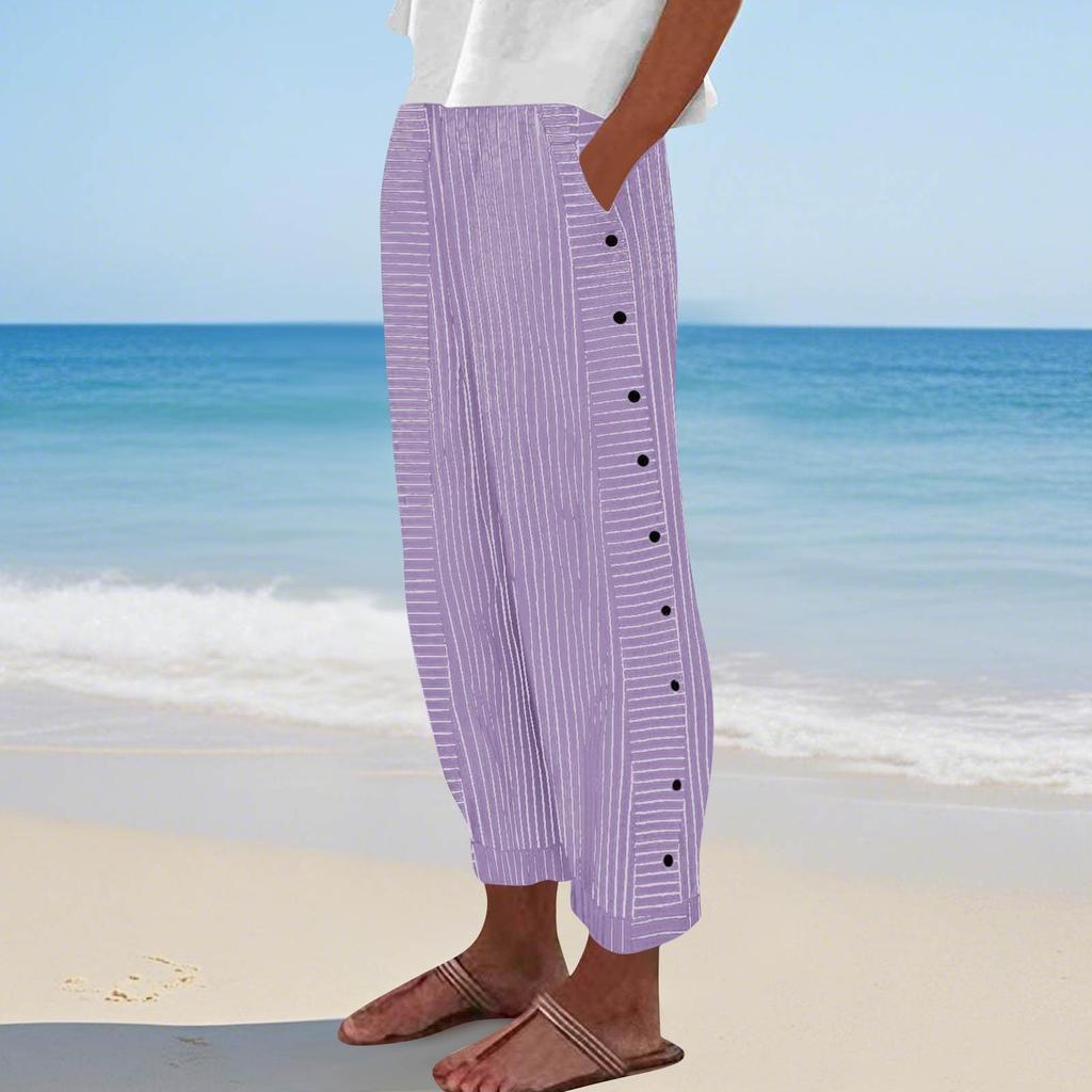 Women Casual  Stripe Print Side Button Up Trendy Pants Baggy Elastic Waist Straight Leg Comfort Trousers With Pocket