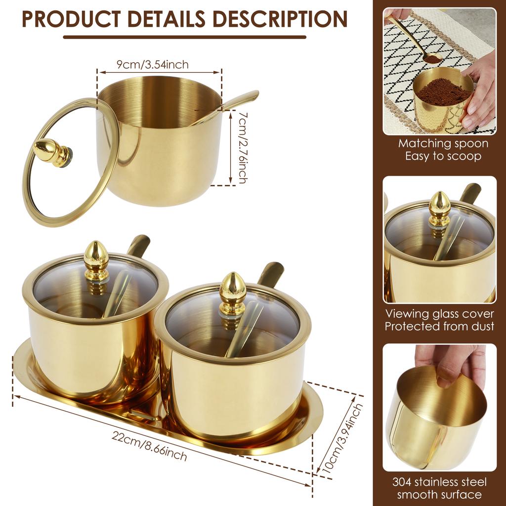 Набор из 1/2 шт. мисок для сахара из нержавеющей стали со стеклянной крышкой и ложкой, нержавеющая коробка для приправ, круглые емкости для приправ, полированный блестящий сахар
