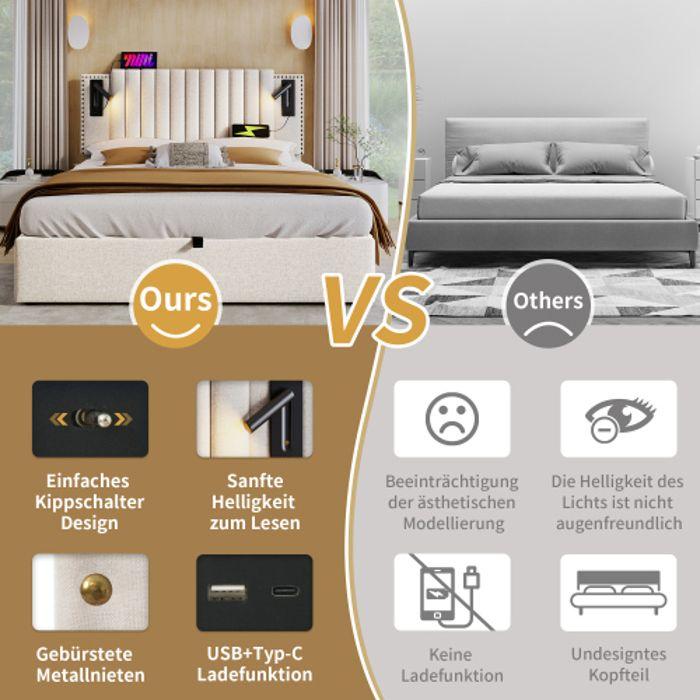 Lit double 160x200 - MUVOE - Beige - Rangement intégré - Ports USB - Tête de lit réglable