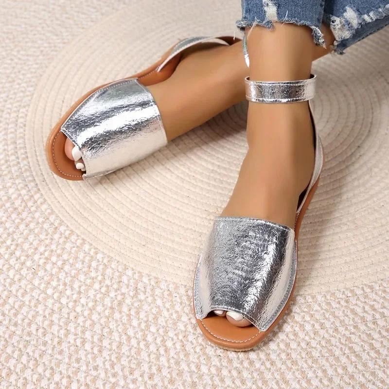 Женские сандалии 2024 лето новые плоские с открытым носком, перфорированные, с пряжкой, шлепанцы, повседневные, удобные, легкие, нескользящие сандалии