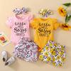 Toddler Baby Girls Short-Sleeved Letter Printed Jumpsuit + Floral Shorts +Bow Tie Set