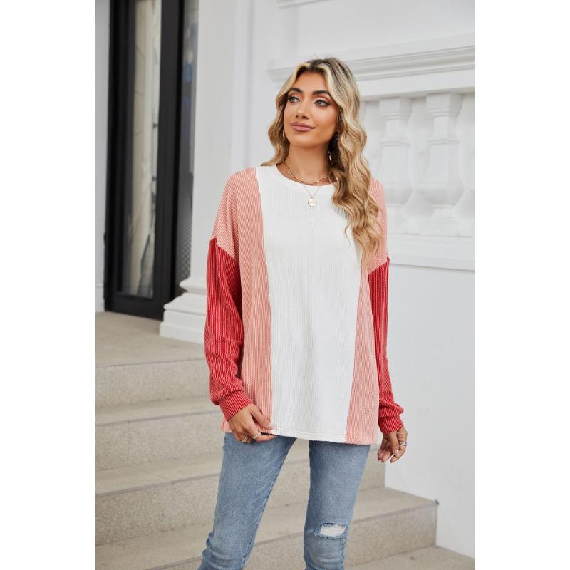 Осенняя женская блузка с круглым вырезом, свободный пуловер с длинным рукавом