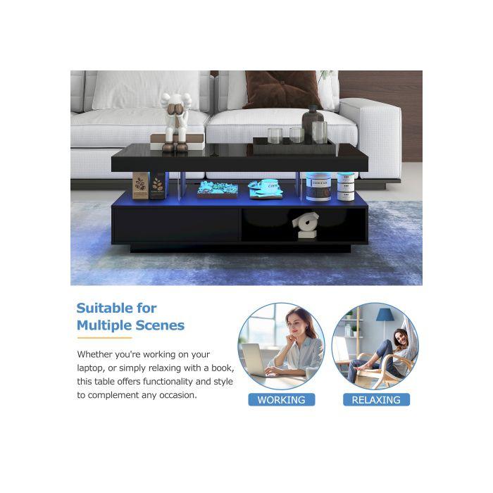 Журнальный столик - MUVOE - 95x50x42,5 см - Глянцевый черный - 4 стеклянные столешницы - 2 ящика