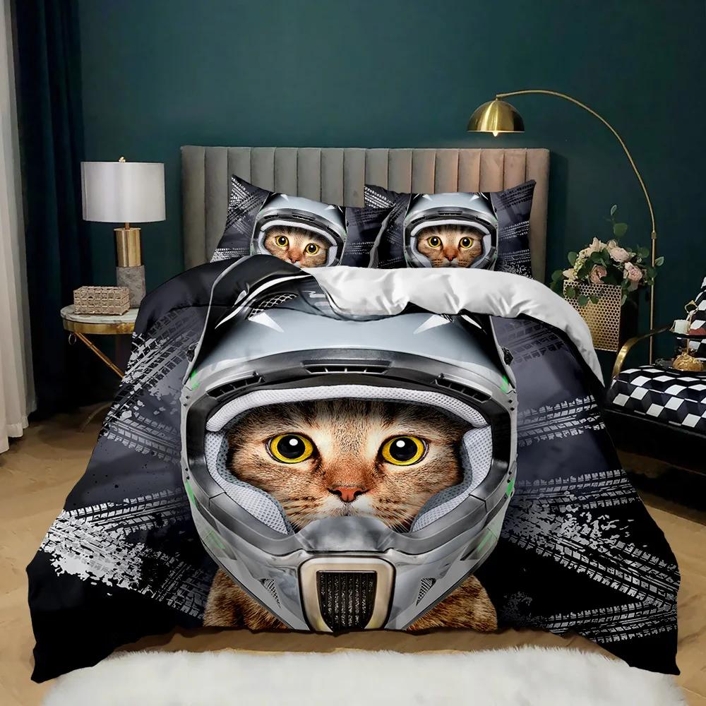 Мультяшный кот пододеяльник комплект милый кошачий голова декор комнаты комплект постельного белья красочный питомец двойной двуспальный королевский размер полиэстер стеганый чехол