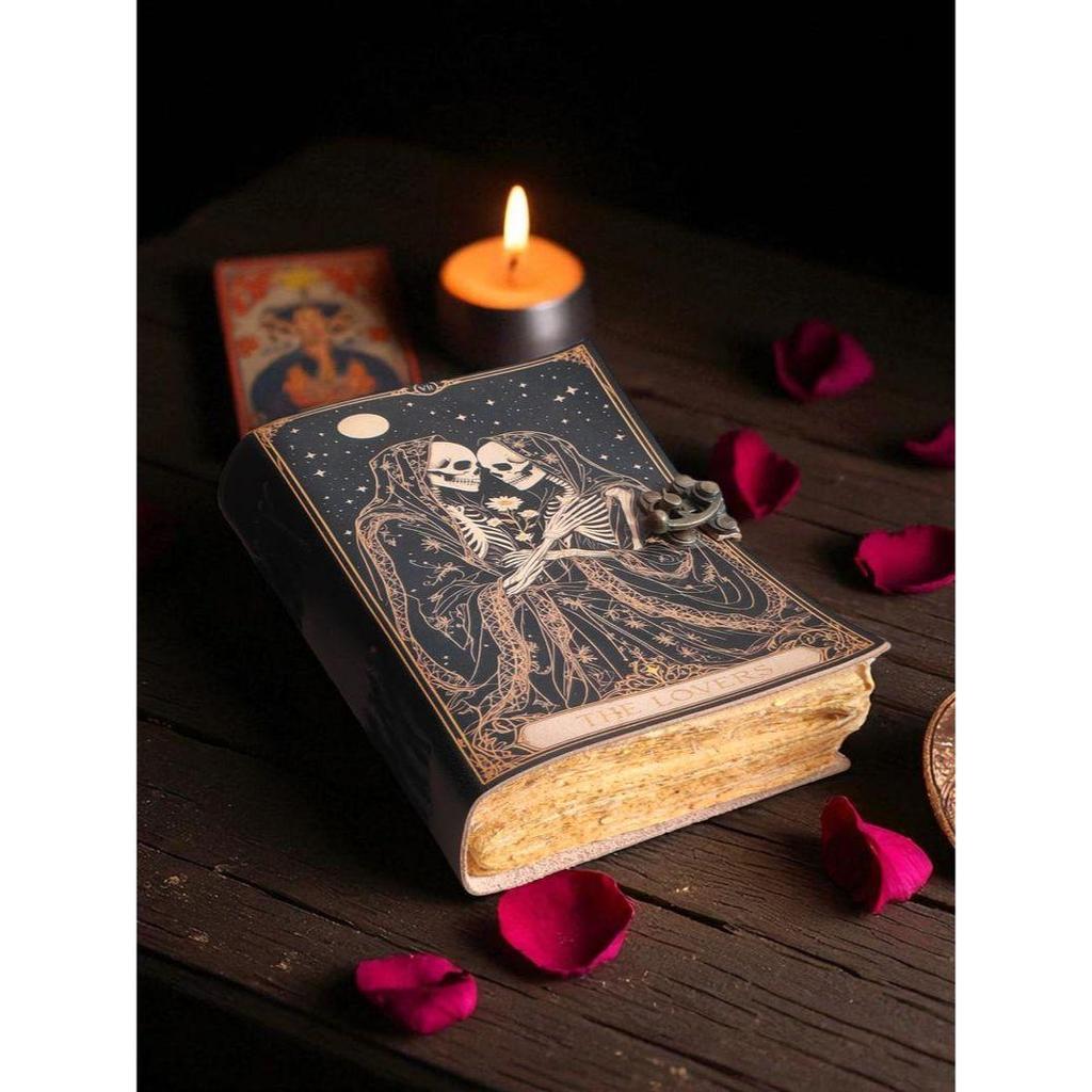 Book of Spells Grimoire Printed Journal The Lovers Tarot Notebook Spiral Gothic Notebook Skull Lover Antique Journals Gifts for Men or Women