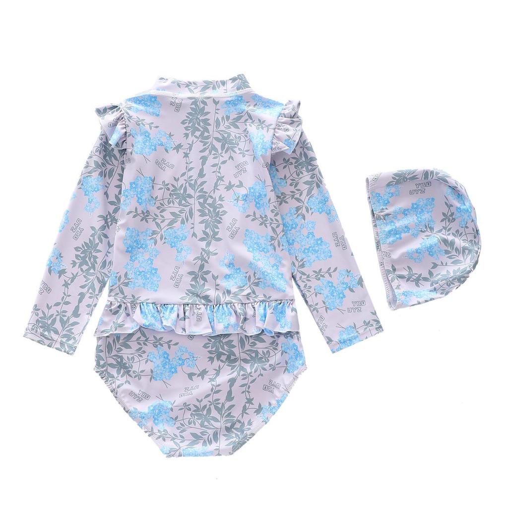 One-piece Kids Swimming Suit Long Sleeve Hat+Romper Matching Baby Girls Swimwear Seaside Clothes Casual Children Bathing Suits