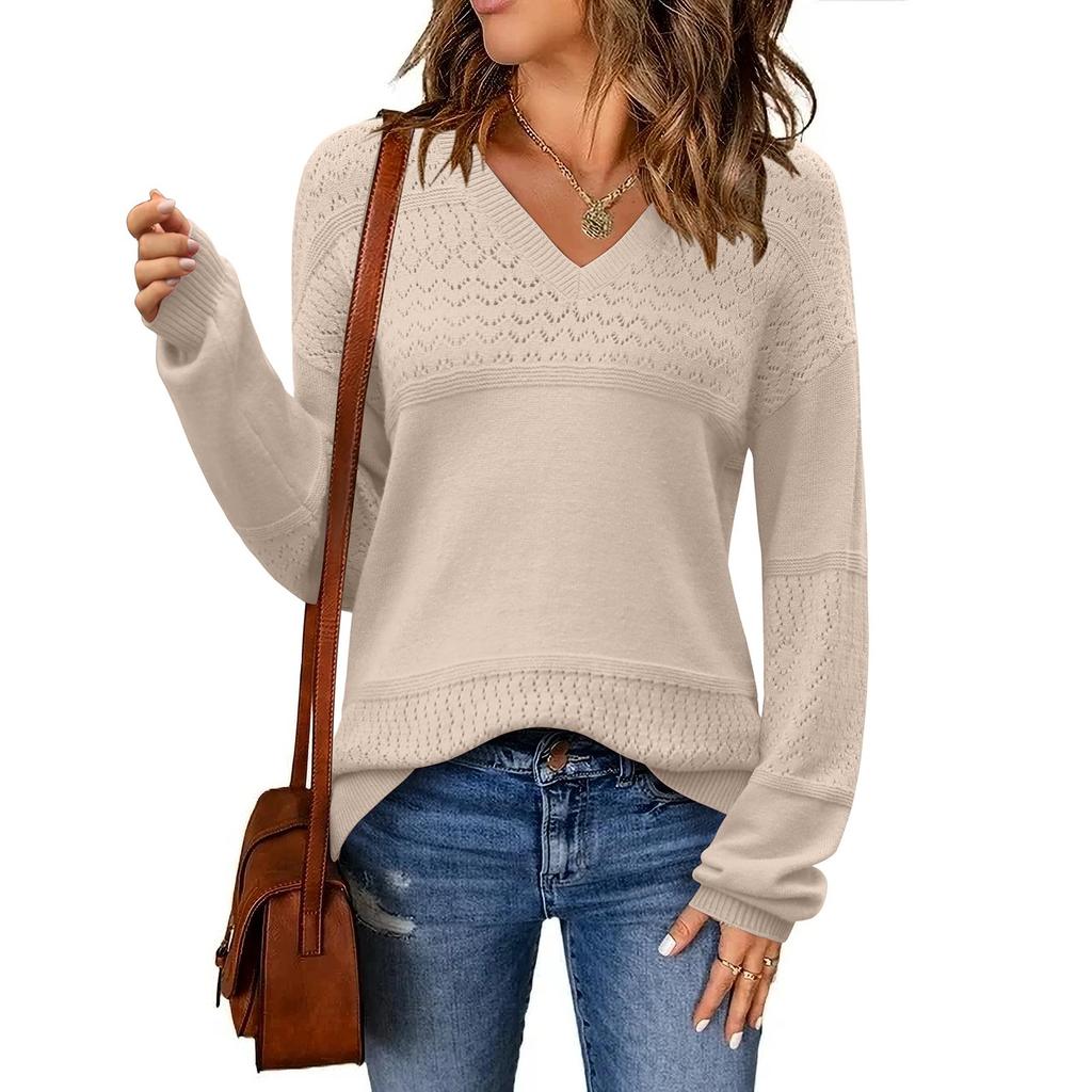 Women's Loose Knitted Sweater With V-Neck Hollowed Out Pullover Long Sleeved Solid Color Top
