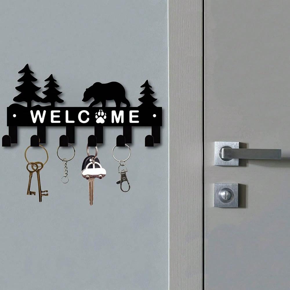 Metal Key Rack Wall Mounted Black Storage Box 6 Hooks Bear Pine Tree Design Home Decoration Gift